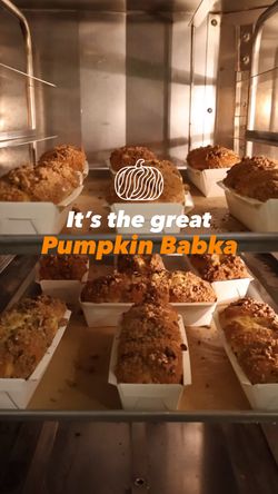 Fresh pumpkin babka loaves baking inside an oven at Breads Bakery on the Upper East Side.