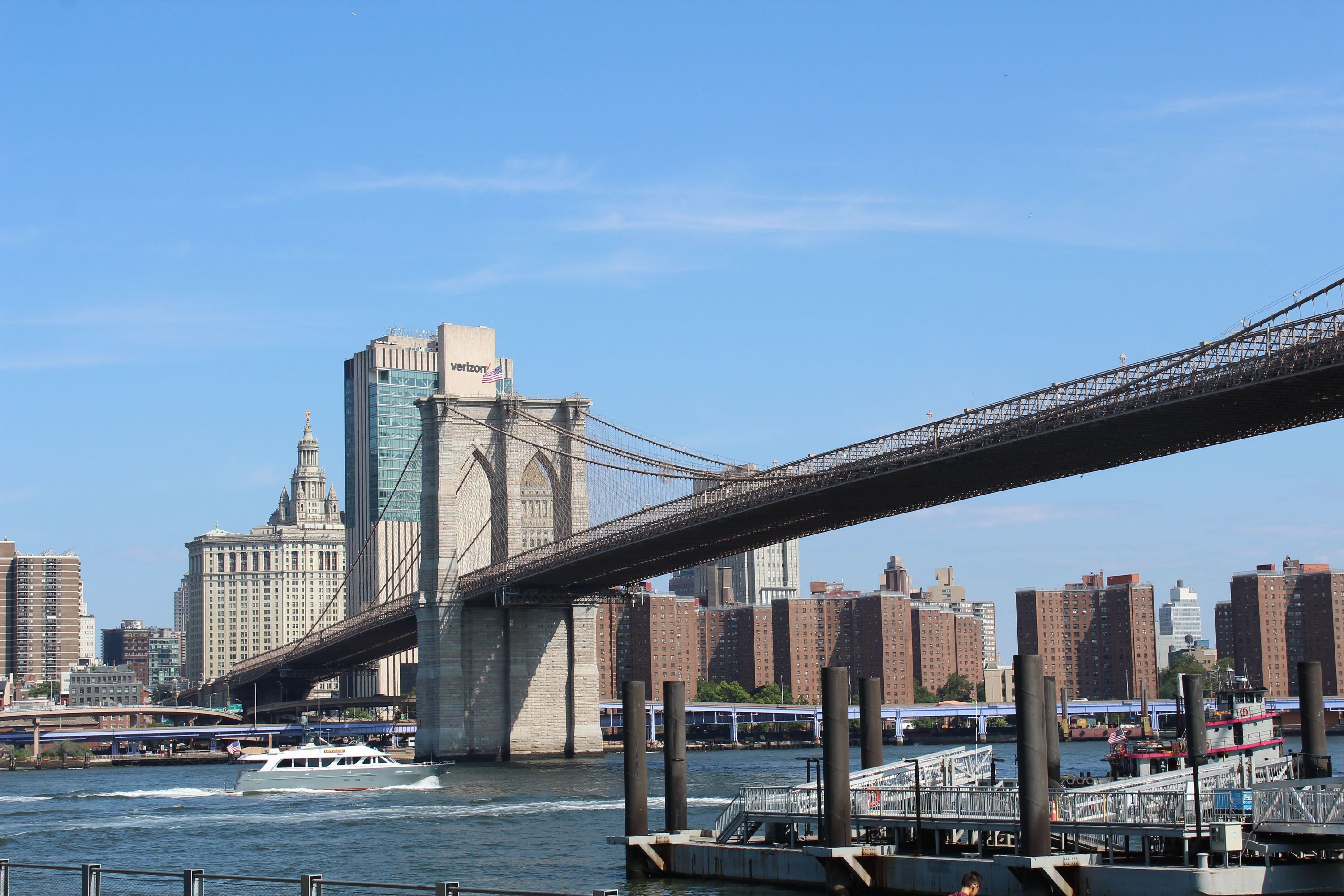 Brooklyn Bridge spanning the East River, connecting Manhattan to Brooklyn, with city skyline in the background.