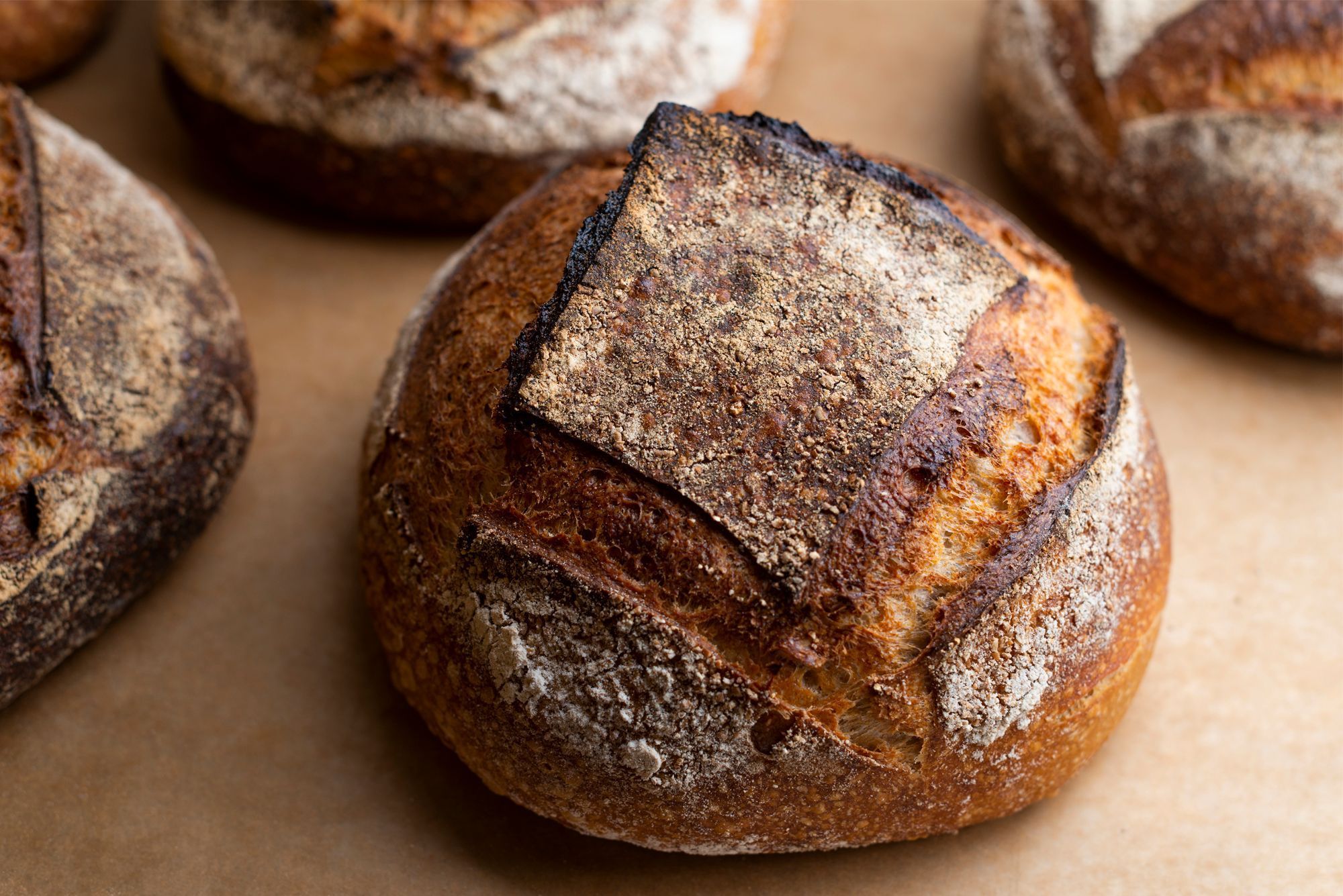 Round crusty bread loaves with a well-baked, rustic crust, resting on parchment paper at Breads Bakery – Bryant Park.